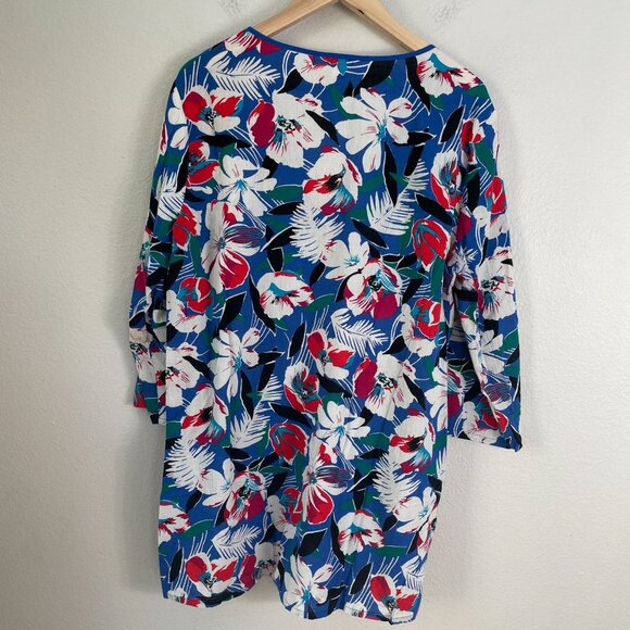 J Crew Womens XL Floral Cotton Tunic Top 3/4 Sleeves Split Neck Tropical Shirt - Picture 9 of 10